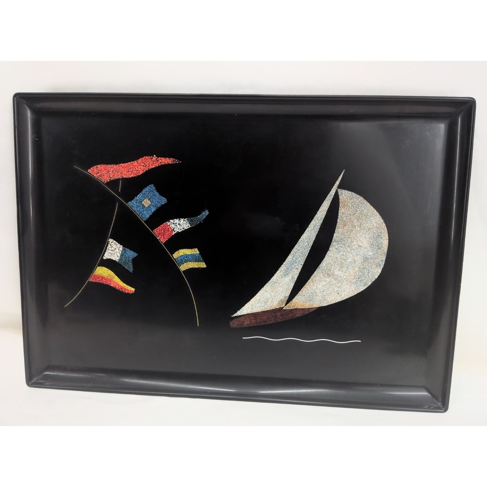 VTG Couroc Rare Sailboat Tray Nautical Flags Inlaid Wood Brass MCM 18x12.5